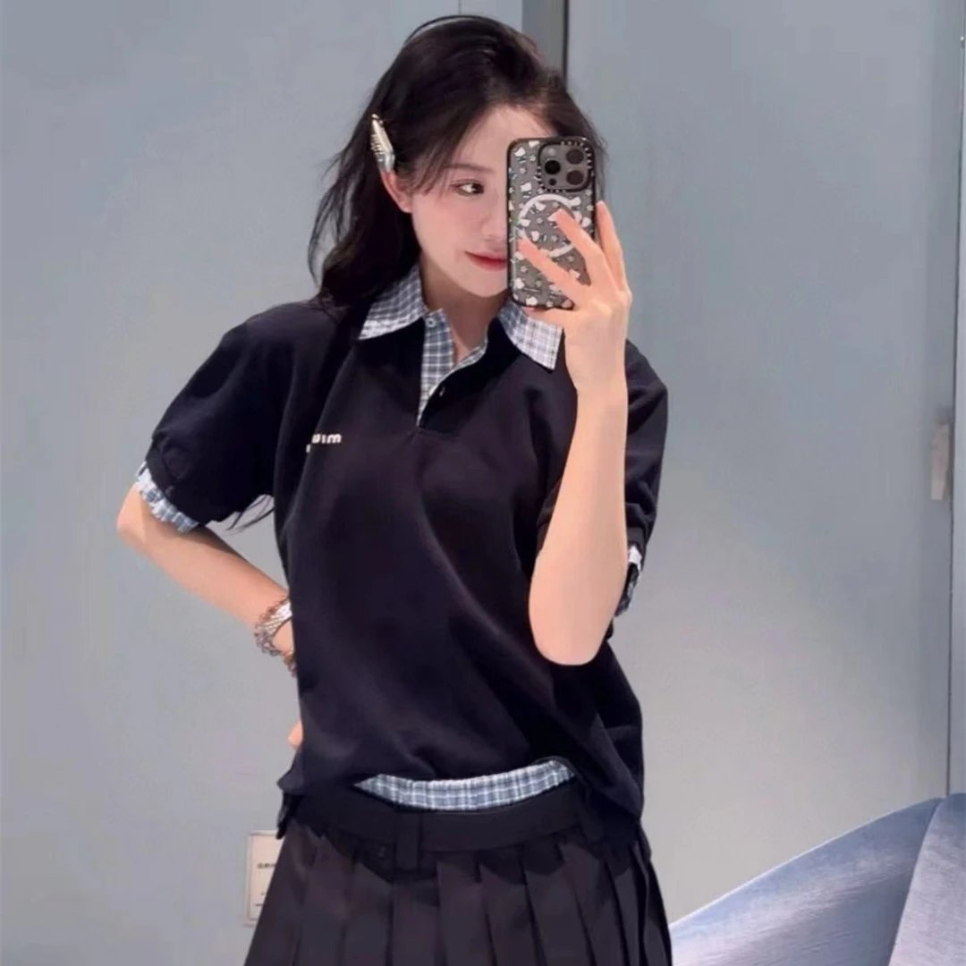 Miu Miu Internet Famous School Badge Fake Two-piece Patchwork Plaid Polo Shirt Short Sleeve T-shirt