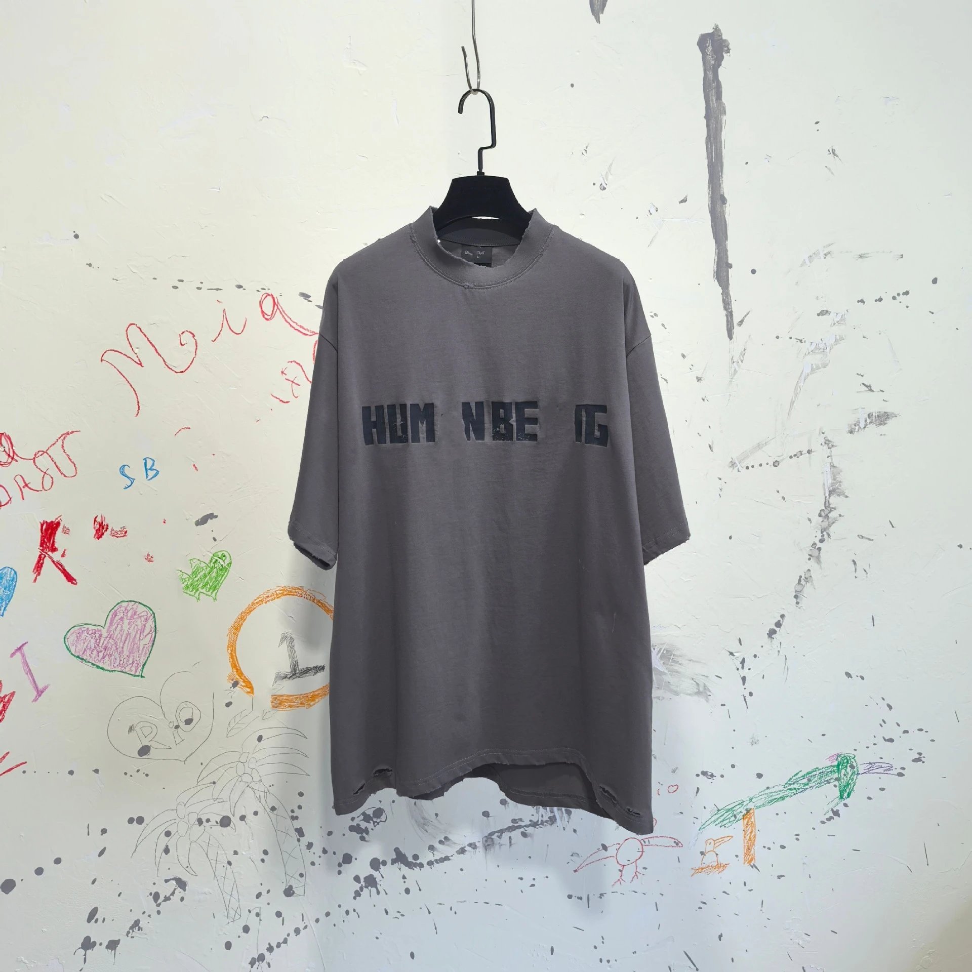 2025 New Balenciaga Artwork Letter Distressed Unisex Short Sleeve T