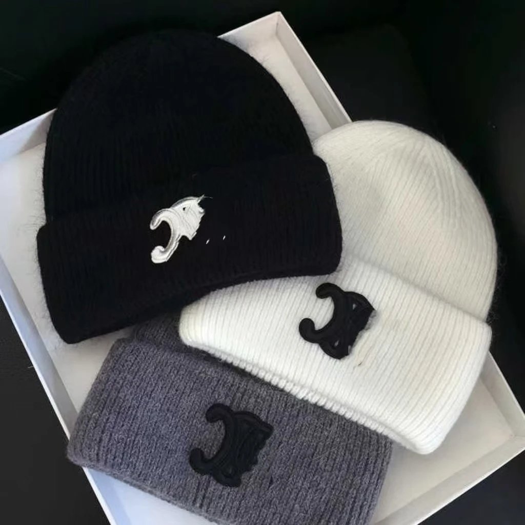 CELINE Rabbit Fur Knit Hat Women Large Head Size Face Slimming Beanie Men Women Autumn Winter Versatile Hat