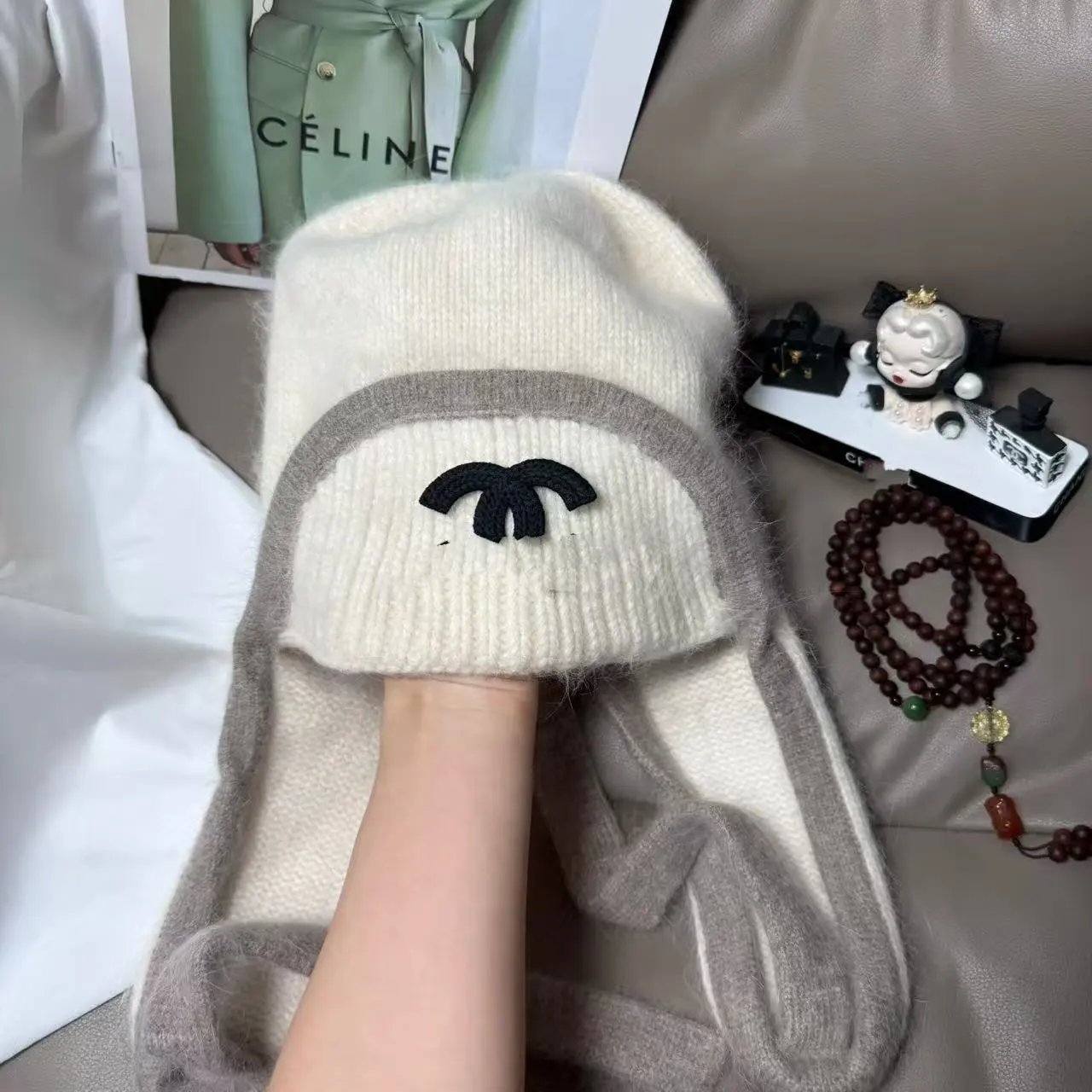 Chanel Style Autumn Winter New Luxury Rabbit Fur Warm Beanie with Double Chanel Ear Flaps