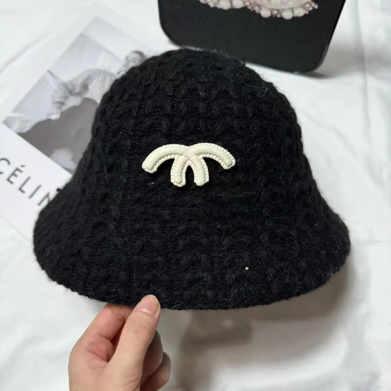 2025 Classic Chanel Logo Bucket Hat Women Rabbit Fur Winter Warm Fashion Versatile Bowl Hat