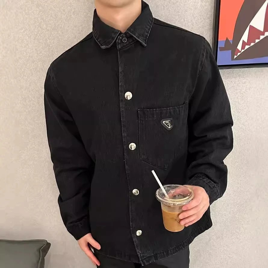 Prada Runway Internet Famous Washed Denim Shirt Unisex Loose Denim Jacket