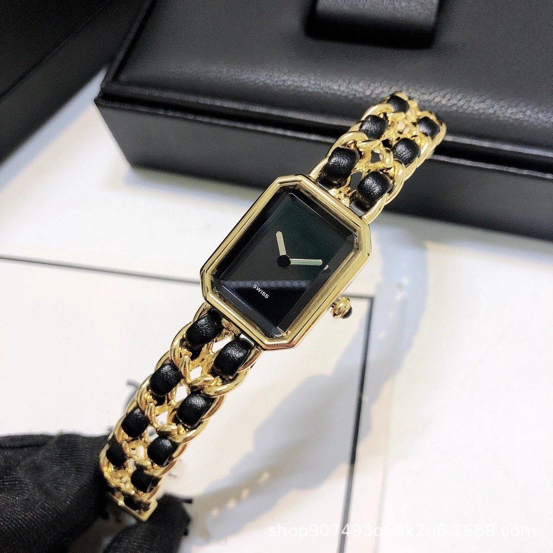 Chanel vintage sugar cube women's watch with black and gold braided strap