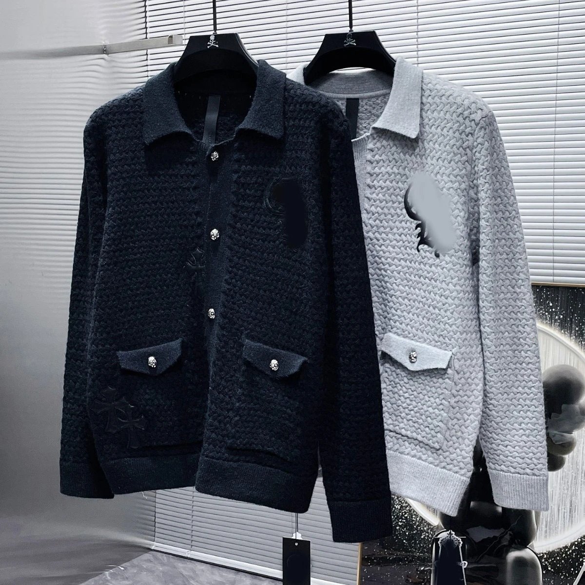 Chrome Hearts Waffle Pattern Leather Patch Cardigan Sweater Unisex Knitwear Couple Style Trendy Versatile