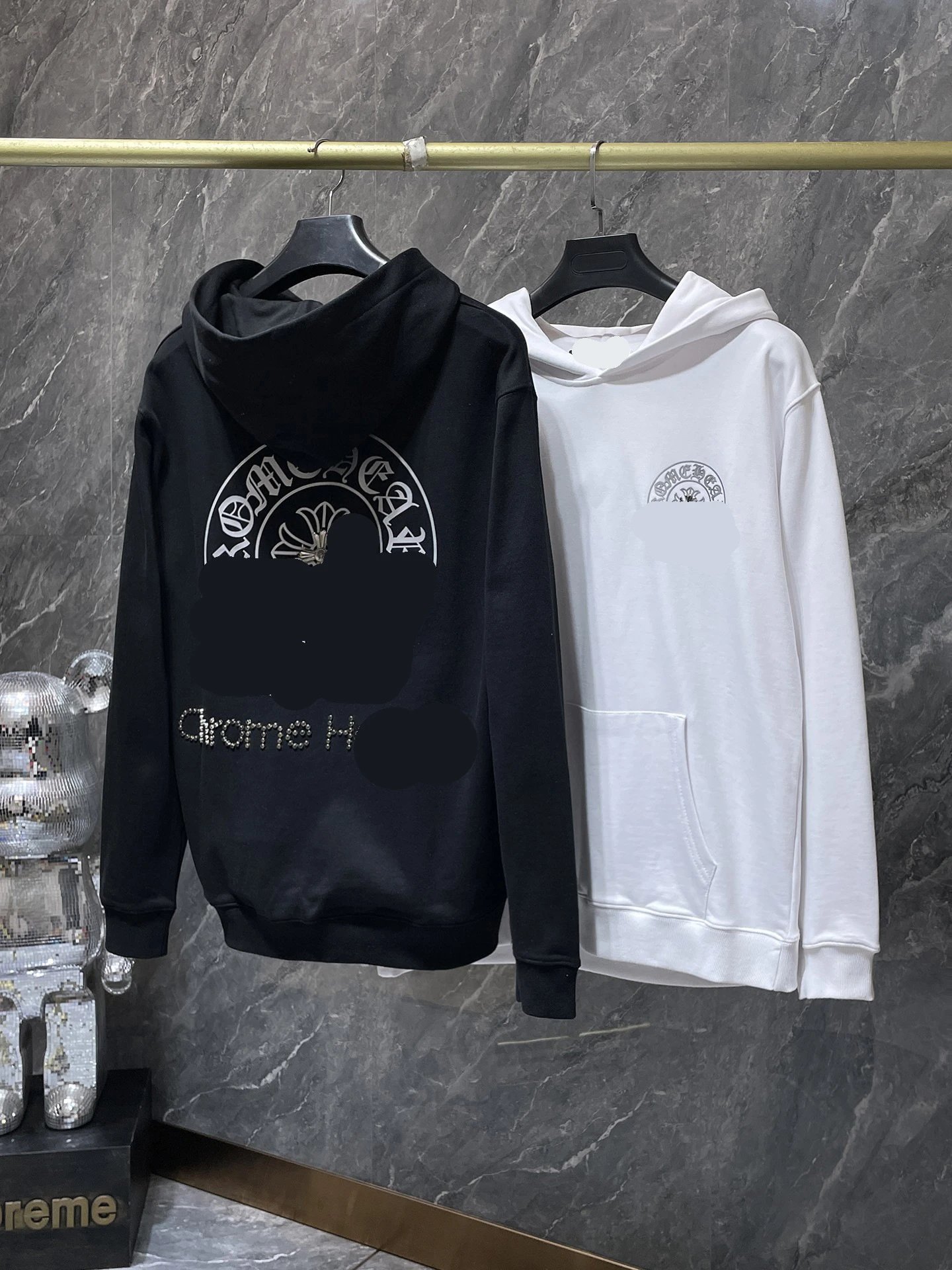 Chrome Hearts Horseshoe Sanskrit Cross Hot Stamping Film Manual Stud Button Pullover Hoodie Couple Outfit