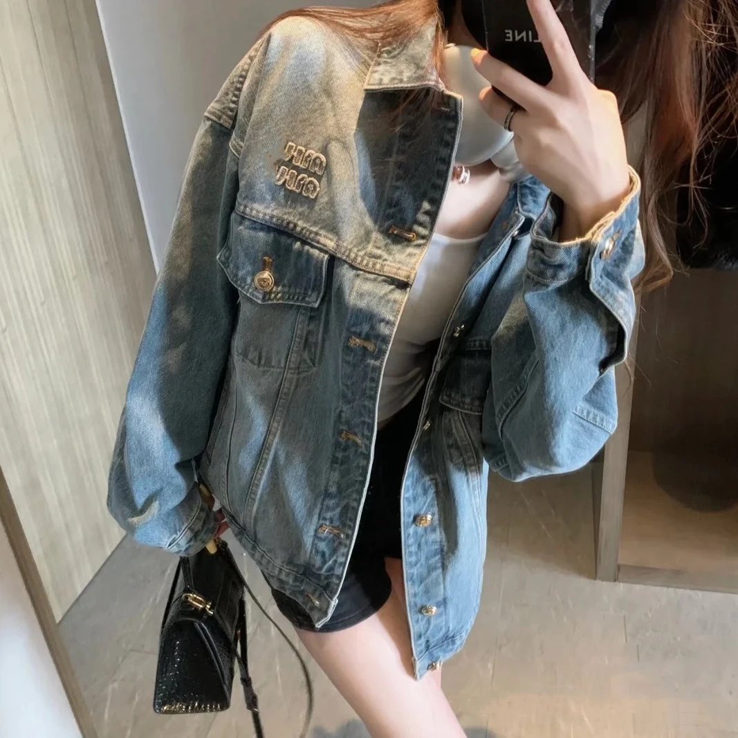 Miu Miu Internet Famous Patch Embroidery Washed Vintage Denim Unisex Loose Jacket
