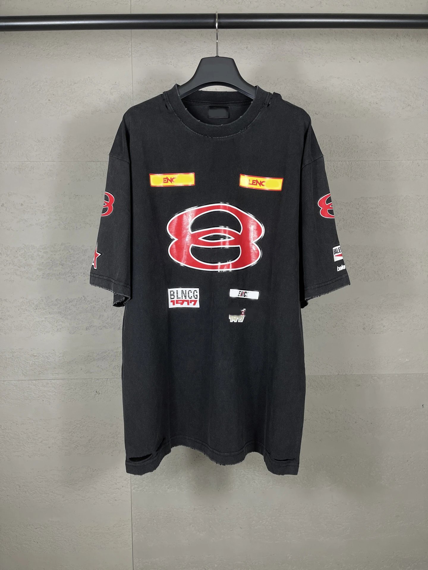 Balenciaga Front Sponsor Logos English Logo Combination Print Wash Distressed Short Sleeve T-shirt