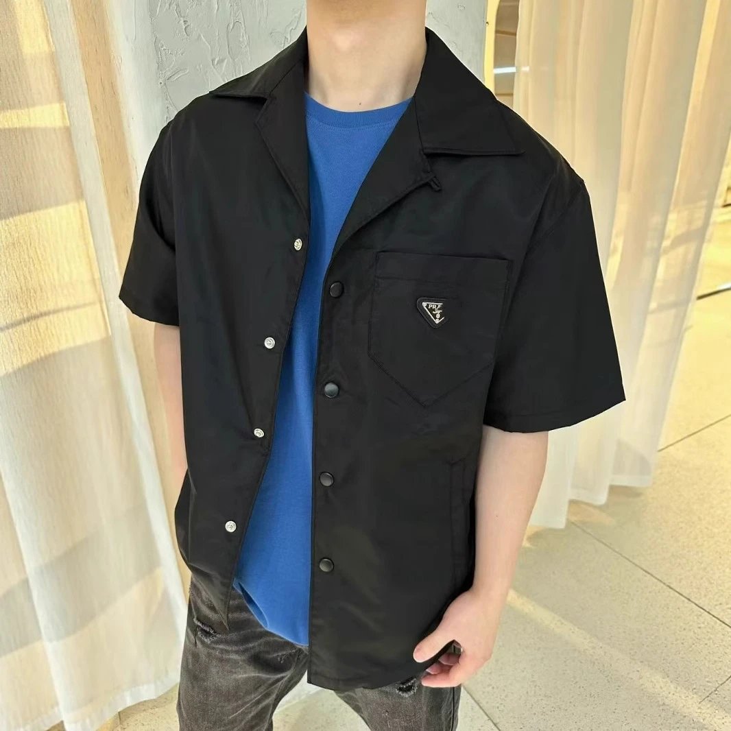 Prada Metal Recycled Nylon Workwear Pocket Short Sleeve Unisex Shirt Open Front