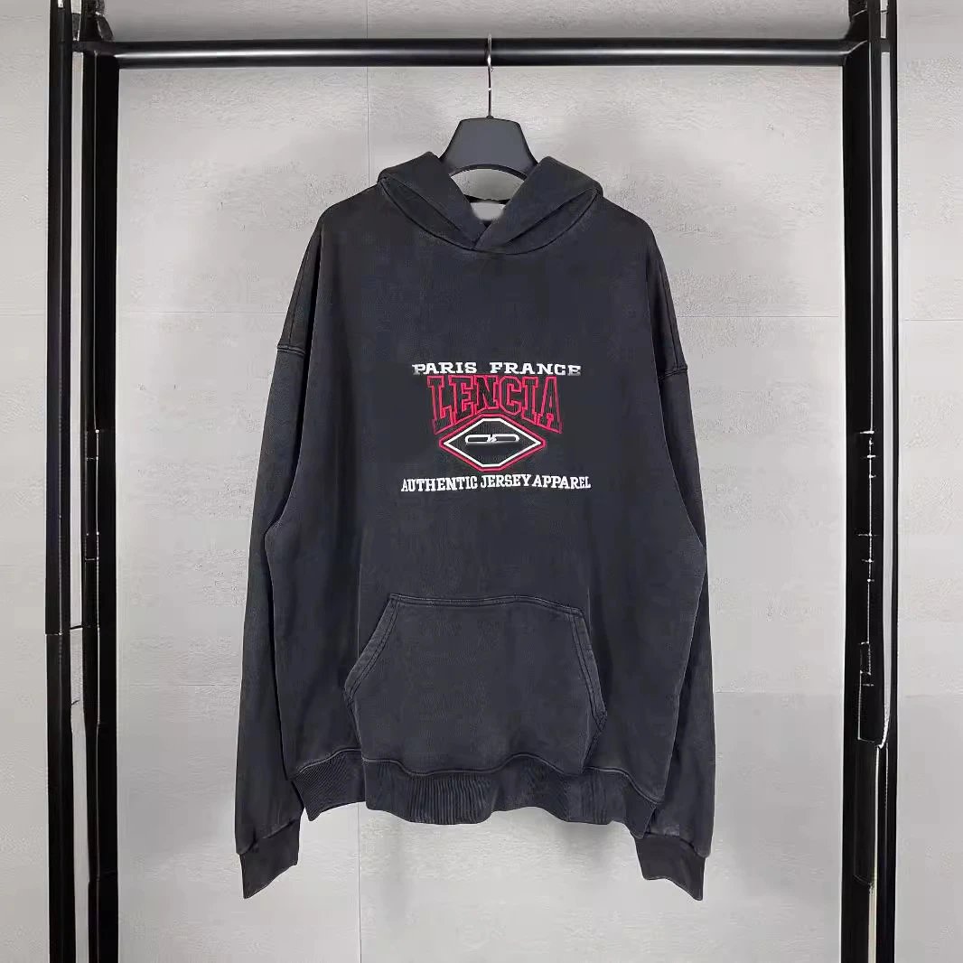 Balenciaga red slogan classic LOGO embroidery washed distressed hooded sweatshirt pullover loose casual men's and women's