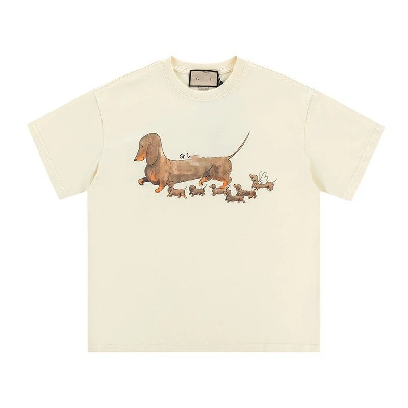 New Gucci Cartoon Series Dachshund Print Minimalist Solid Color Short Sleeve T-shirt Unisex