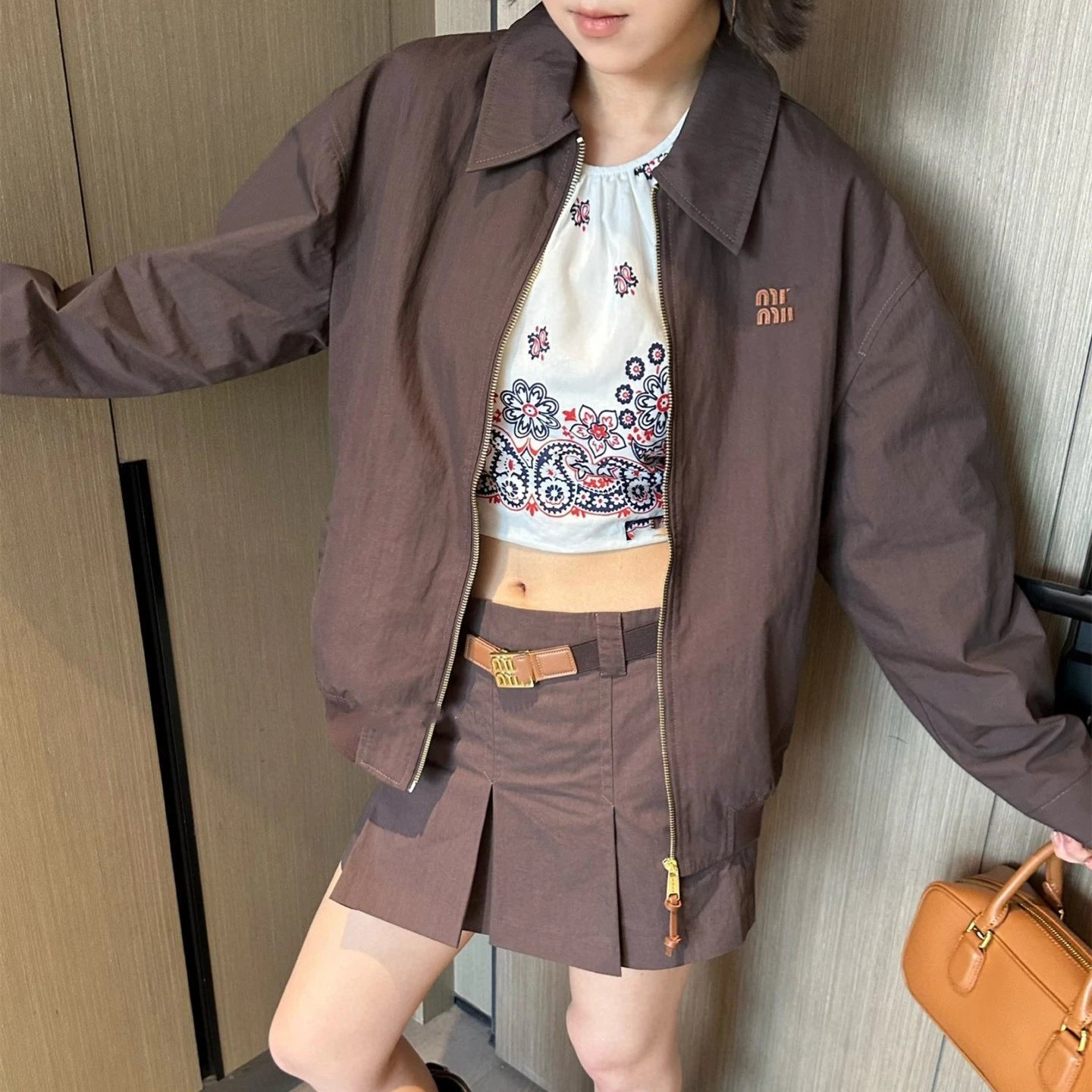 Miu Miu INS Internet Famous Cocoa Brown Lapel Jacket Skirt Short Skirt Suit Women