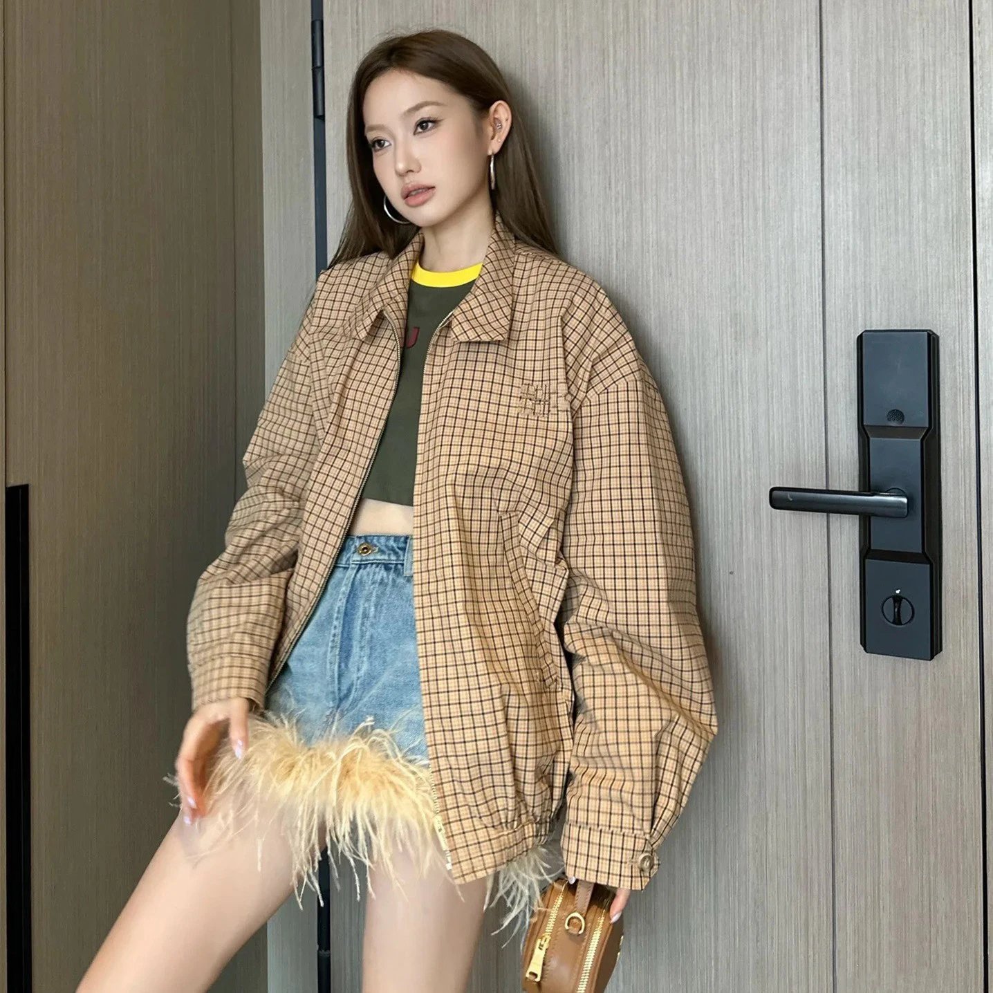 Miu Miu INS Style Internet Famous Color Block Plaid Zipper Jacket Unisex