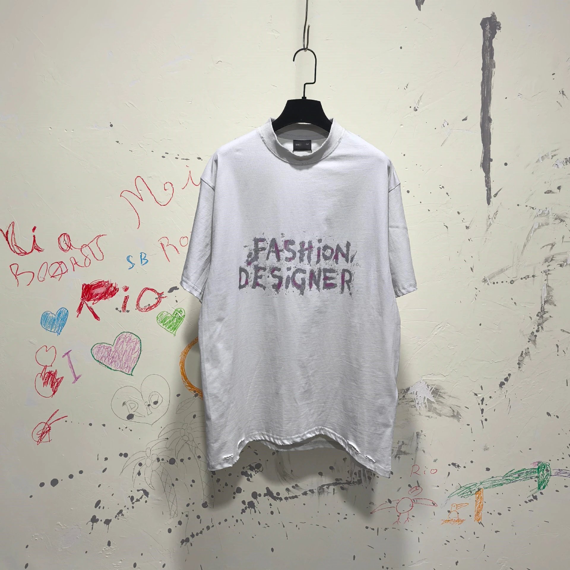Balenciaga Pearl Glitter Print Irregular Hem Distressed Short Sleeve T-shirt Unisex
