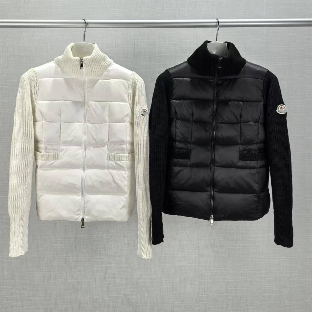 Moncler Badge Embroidered LOGO Knit Sleeve Panel 90% White Duck Down Lightweight Stand Collar Women's Down Jacket