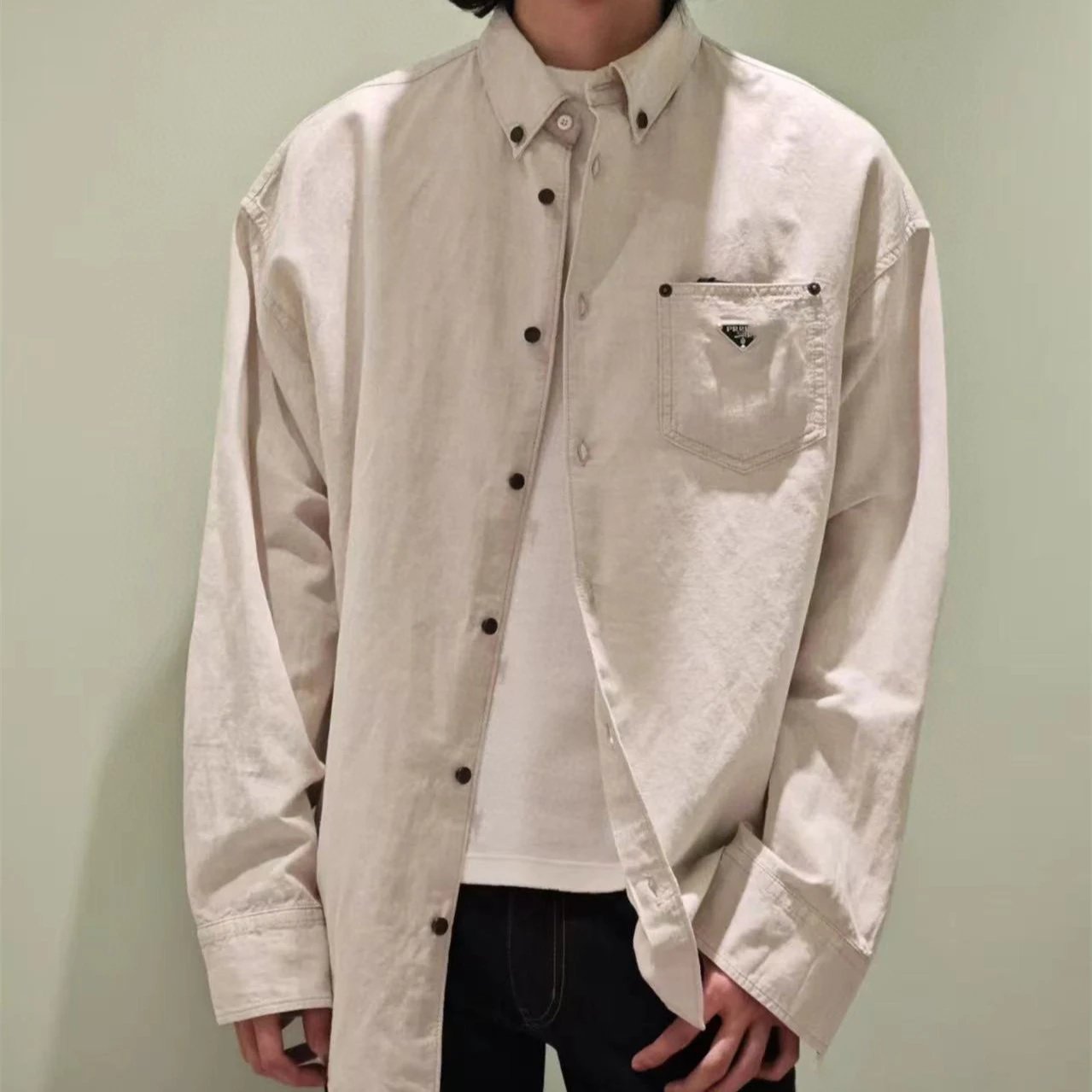 Prada Solid Logo Old Money Solid Long Sleeve Linen Cardigan Shirt Unisex