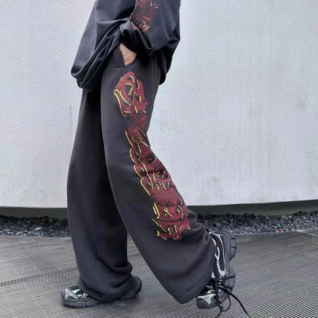 Balenciaga Sanskrit Flame Letter Logo Hot Item Washed Vintage Straight Pants Sweatpants Unisex