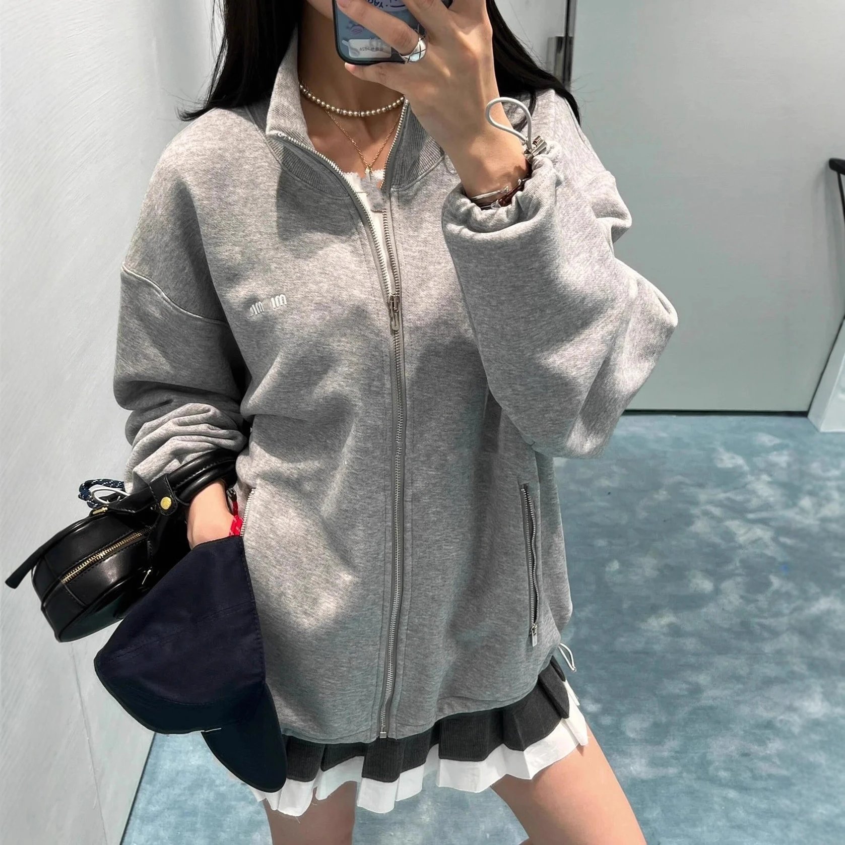 New Miu Miu Embroidery Letter Stand Collar Zipper Cardigan Hoodie Unisex