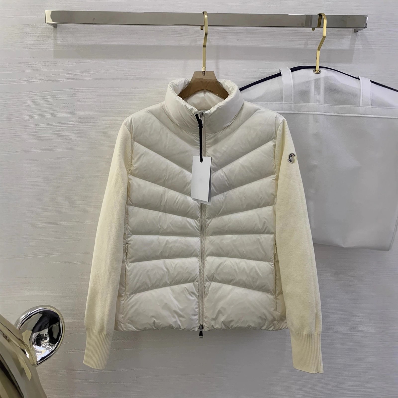 Moncler Style Wool Sleeve Panel 90% White Duck Down Lightweight Stand Collar Women's Down Jacket