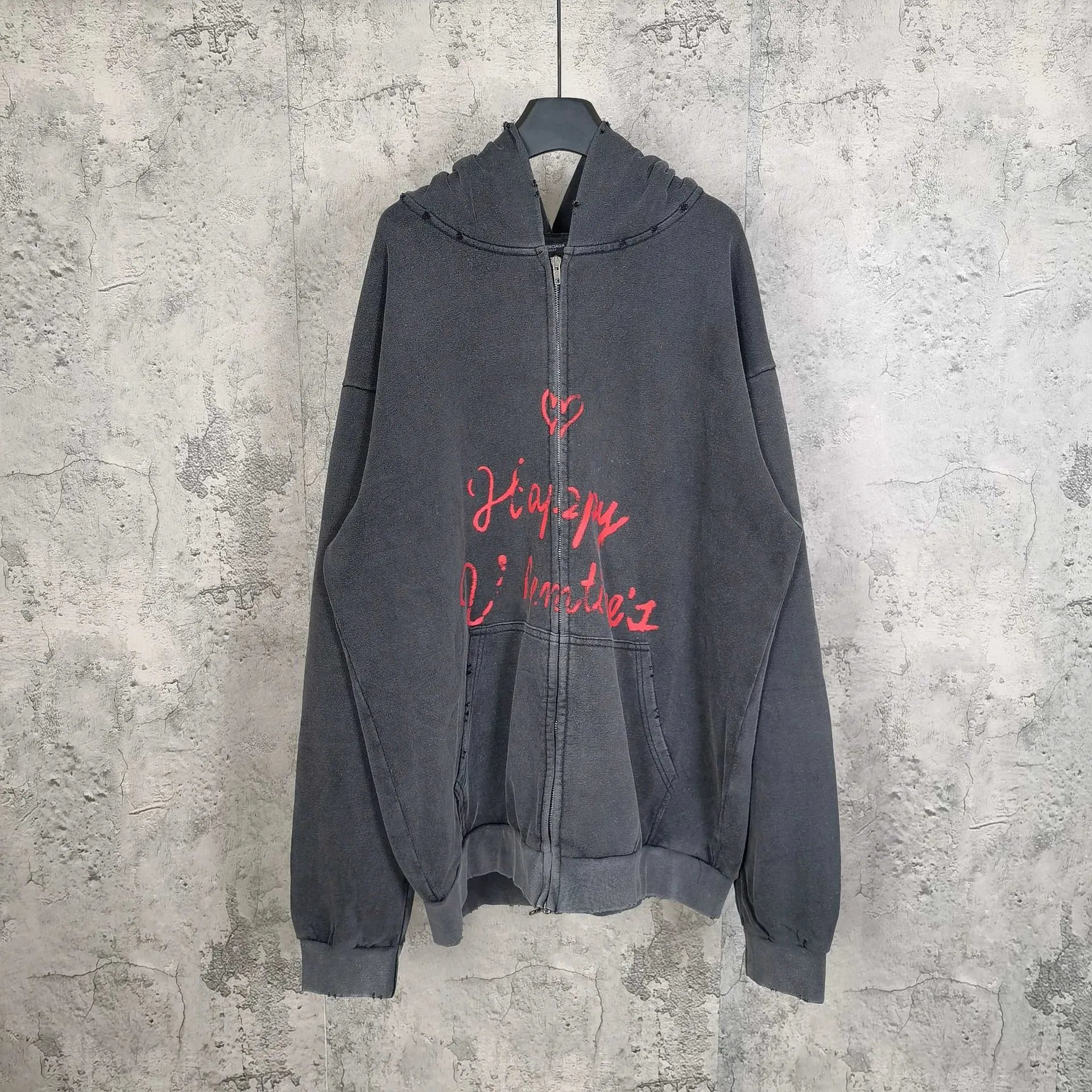 Balenciaga B Valentine's Day limited edition washed black distressed hoodie hooded sweatshirt outerwear men's and women's