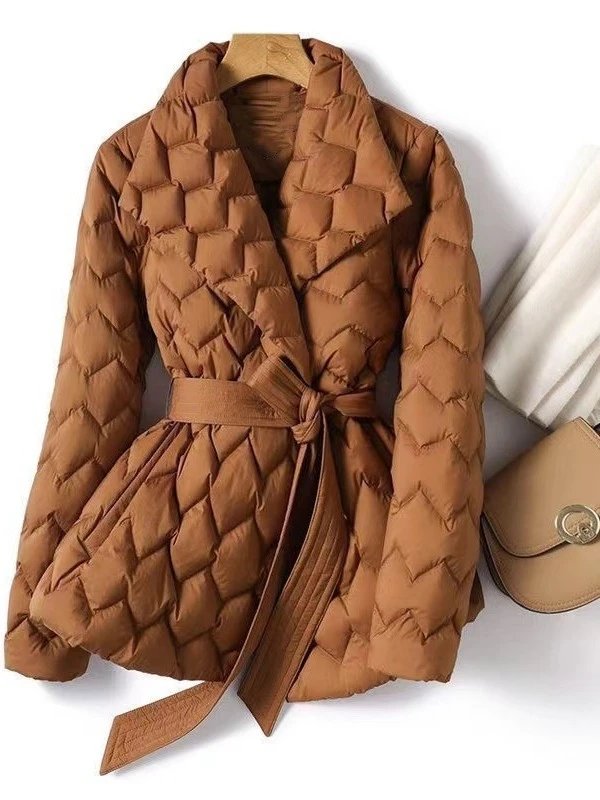 Winter Elegant Water Wave Quilting Lightweight Down Cotton Jacket Lapel Belted Waist Medium Long Graceful Coat