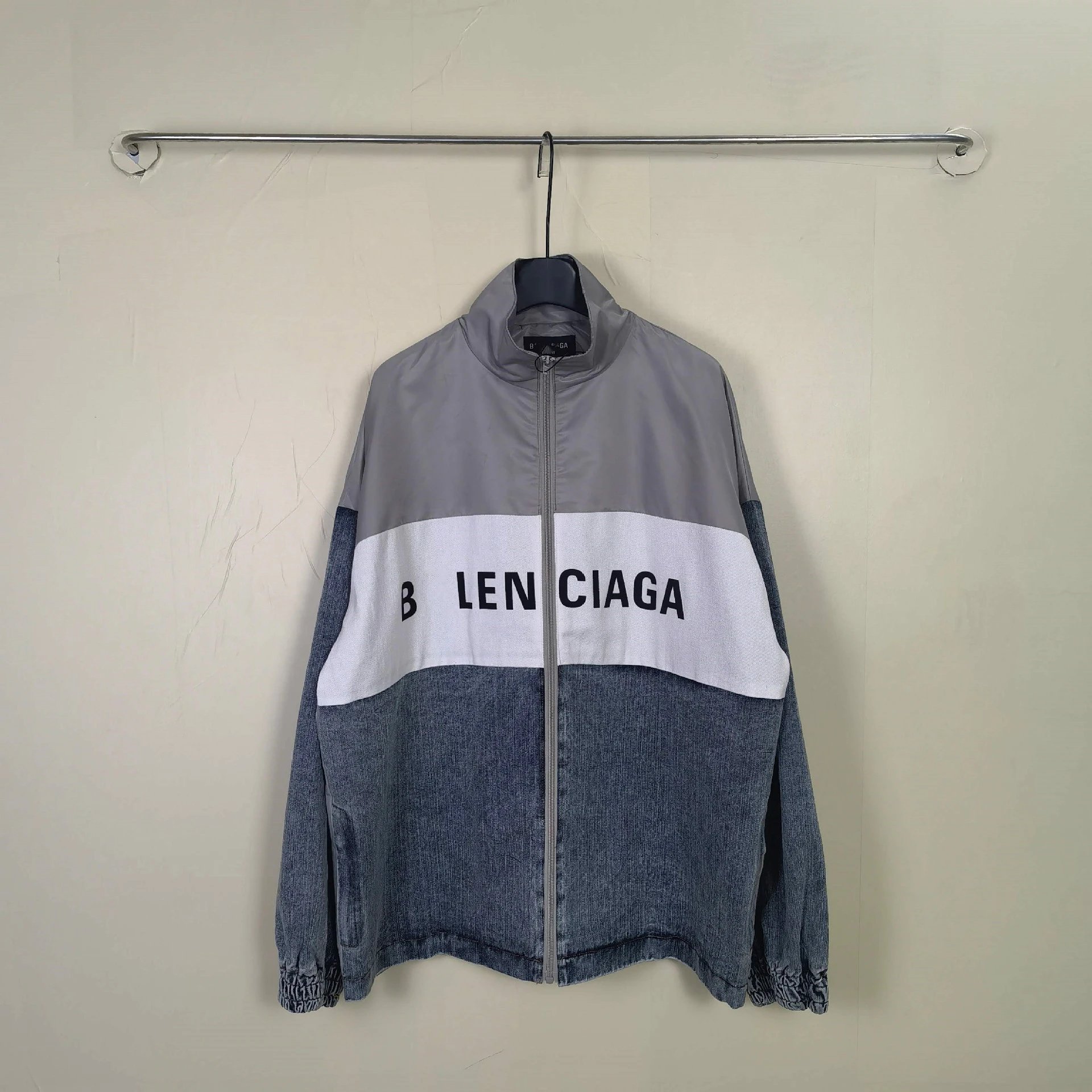 New Balenciaga Color Block Washed Denim Spliced Windbreaker Jacket Unisex