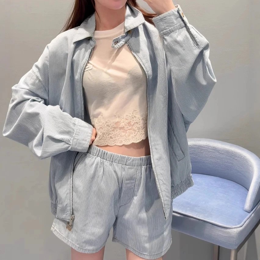 Miu Miu collar embroidery letter light color washed stripe denim jacket shorts set
