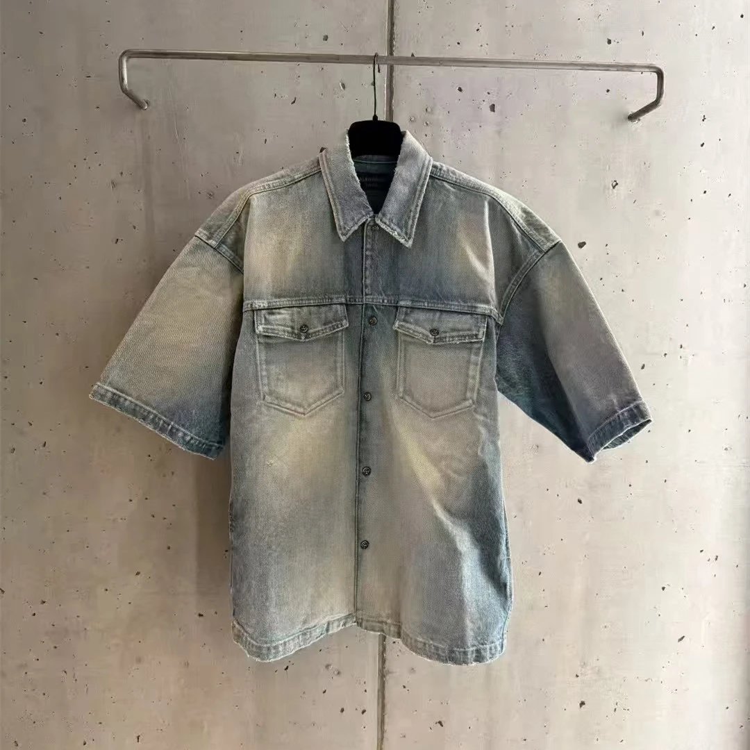 New Balenciaga Masking Tape Yellow Tape Heavy Work Washed Vintage Short Sleeve Shirt Jacket