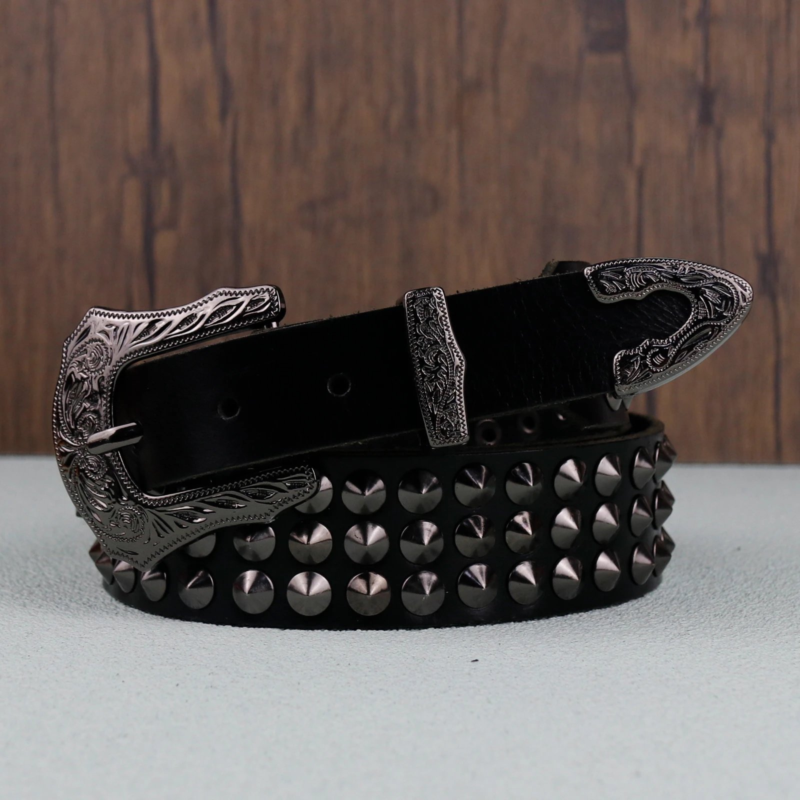 Studded Belt Punk Rock 3 Row Cone Rivets Handmade Leather Waistband Western Floral Carved Buckle for Jeans Pants
