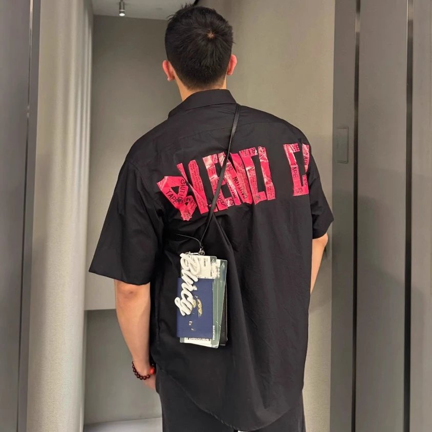 New Balenciaga Red Signature Tape Logo Shirt Short Sleeve Unisex