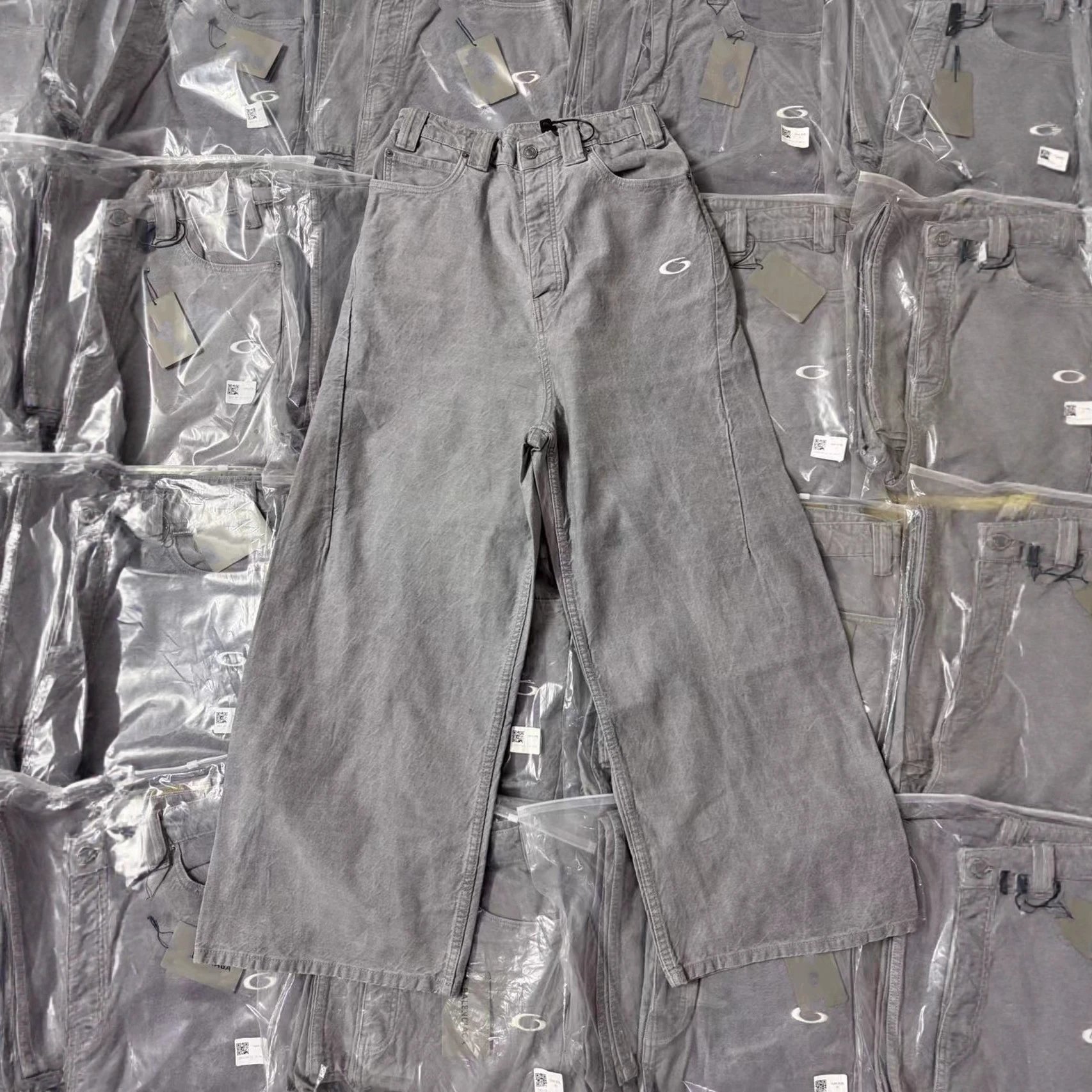 2025 Early Fall New Balenciaga Ring Embroidery Logo Gray Pants Jeans Unisex
