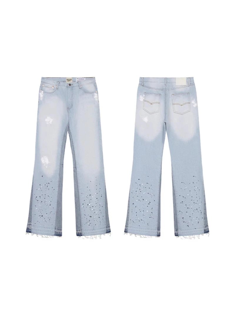 Gallery Dept New Hand-Painted Splatter Washed Blue Patch Flared Jeans