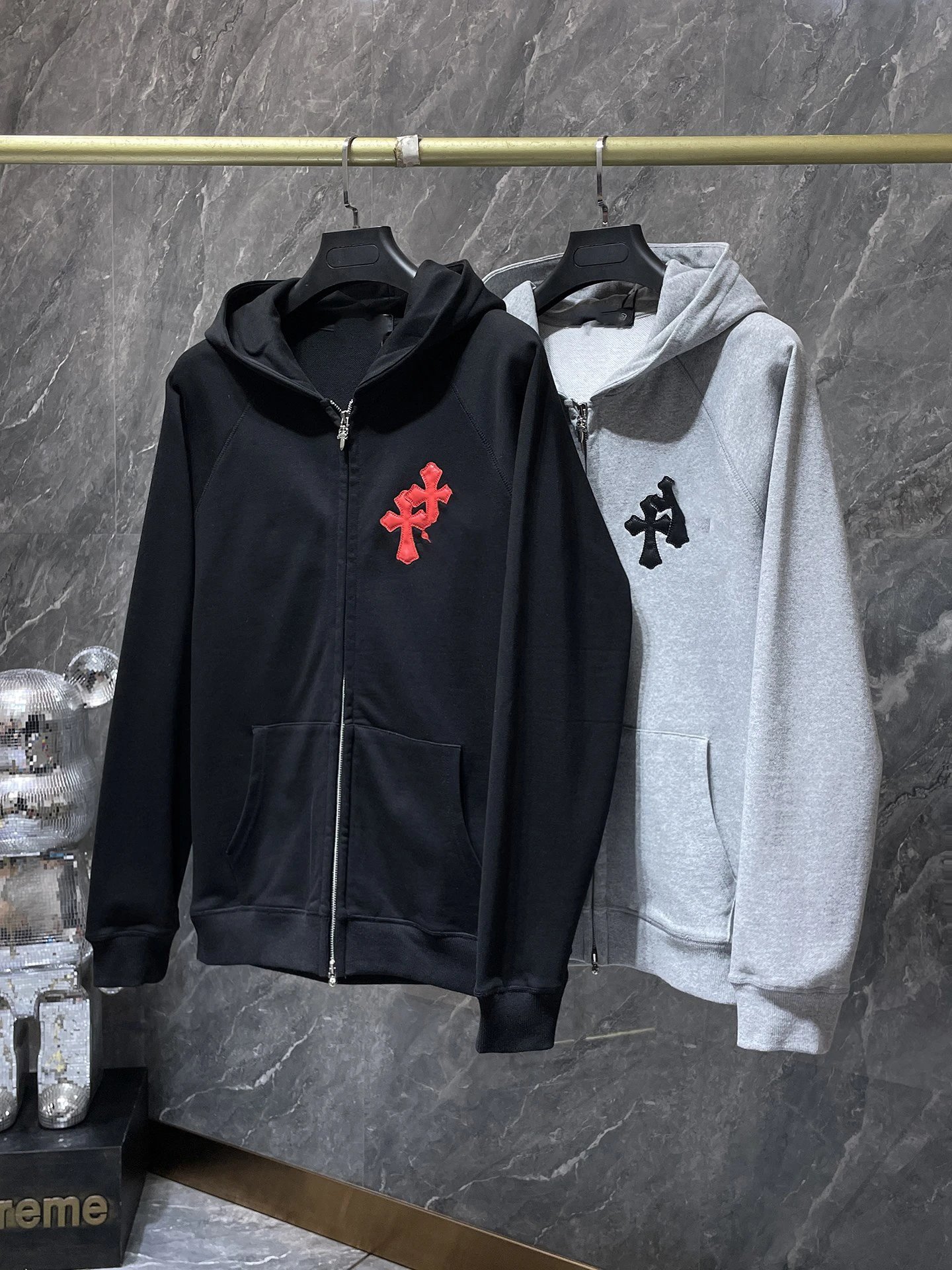 Chrome Hearts Leather Patch Cross Long Sleeve Zip Hoodie Unisex Cotton Hooded Sweatshirt Coat Loose Casual