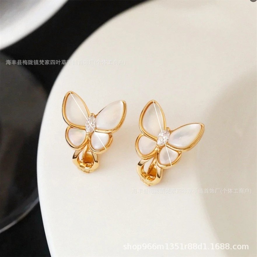 Van Gogh White Mother-of-Pearl Butterfly Ear Clips for Women, Rose Gold Diamond-studded Ear Clips, Elegant High-End Fashion Style, Versatile Gift Trend