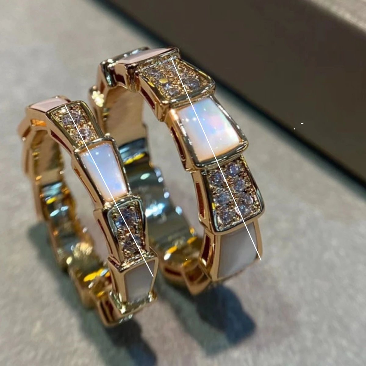 Bulgari Snake Bone Ring for Women, White Mother-of-Pearl Design, Plated 18K Rose Gold, High-End Sense Diamond-studded Luxury