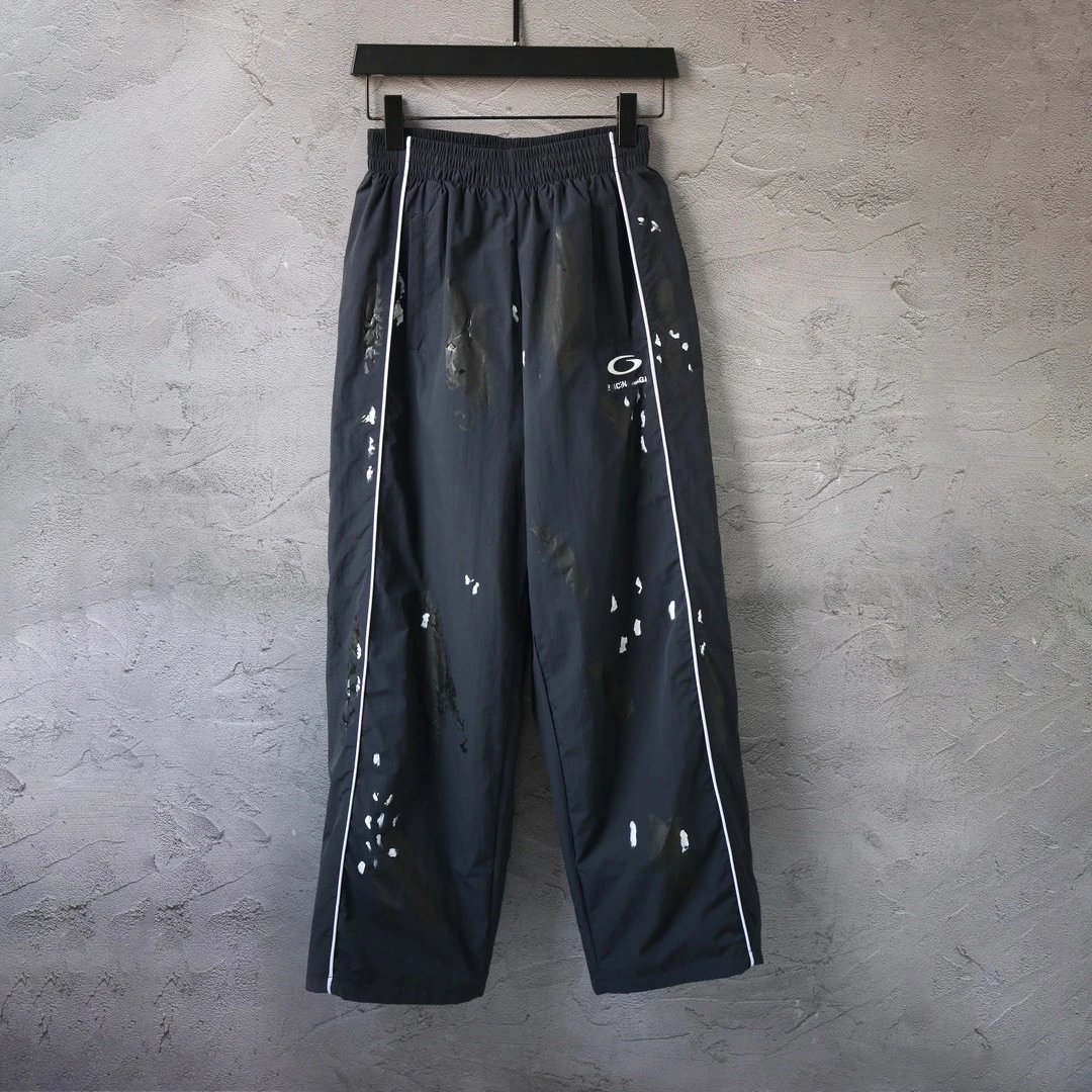 Balenciaga Elastic Zipper Pocket Embroidery Mud Dye Hand-Painted Vintage Double Layer Mesh Sports Pants