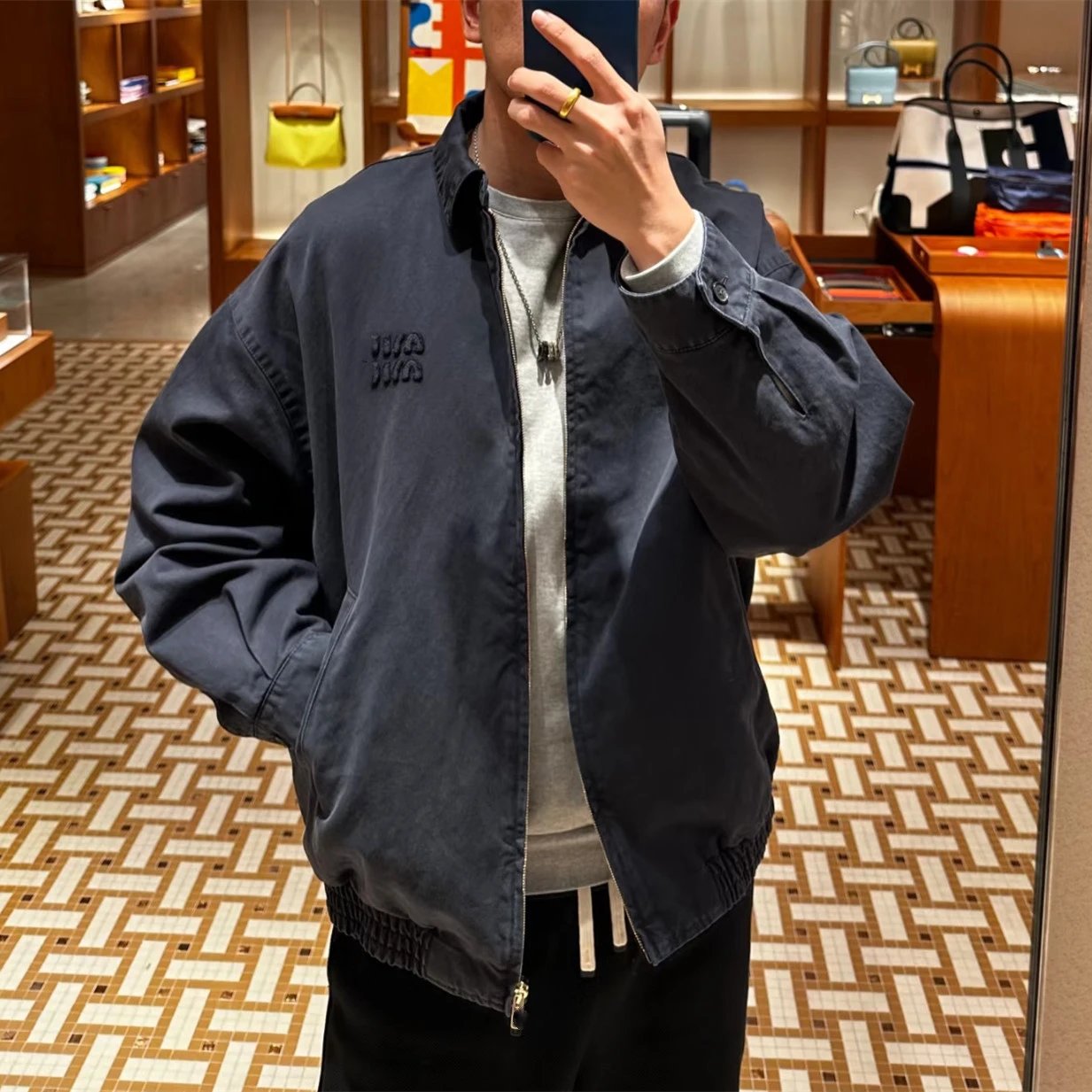 Miu Miu Letter Logo Patch Embroidery Denim Lapel Jacket Loose Men