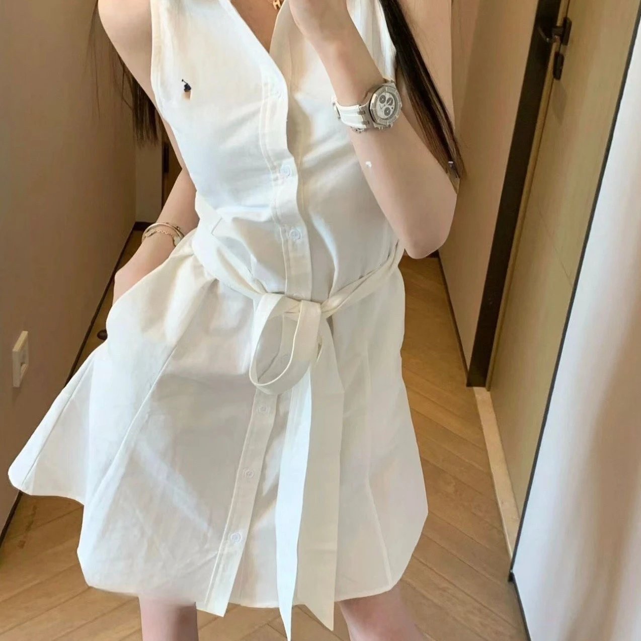 RL Ralph Pony Embroidery Ins Internet Famous Small Logo War Horse Shirt Little White Dress Long Dress