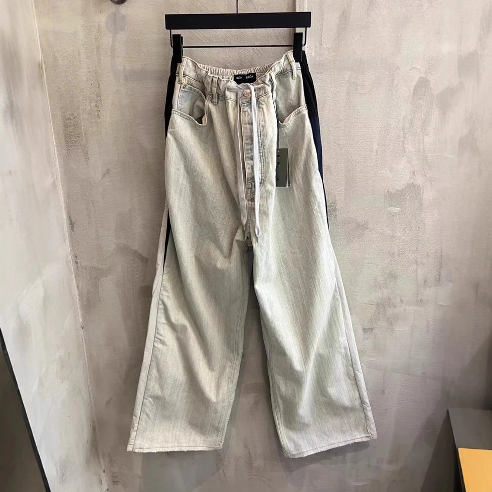 2025 Early Spring New Balenciaga Washed Drawstring Denim Patch Woven Sports Loose Jeans