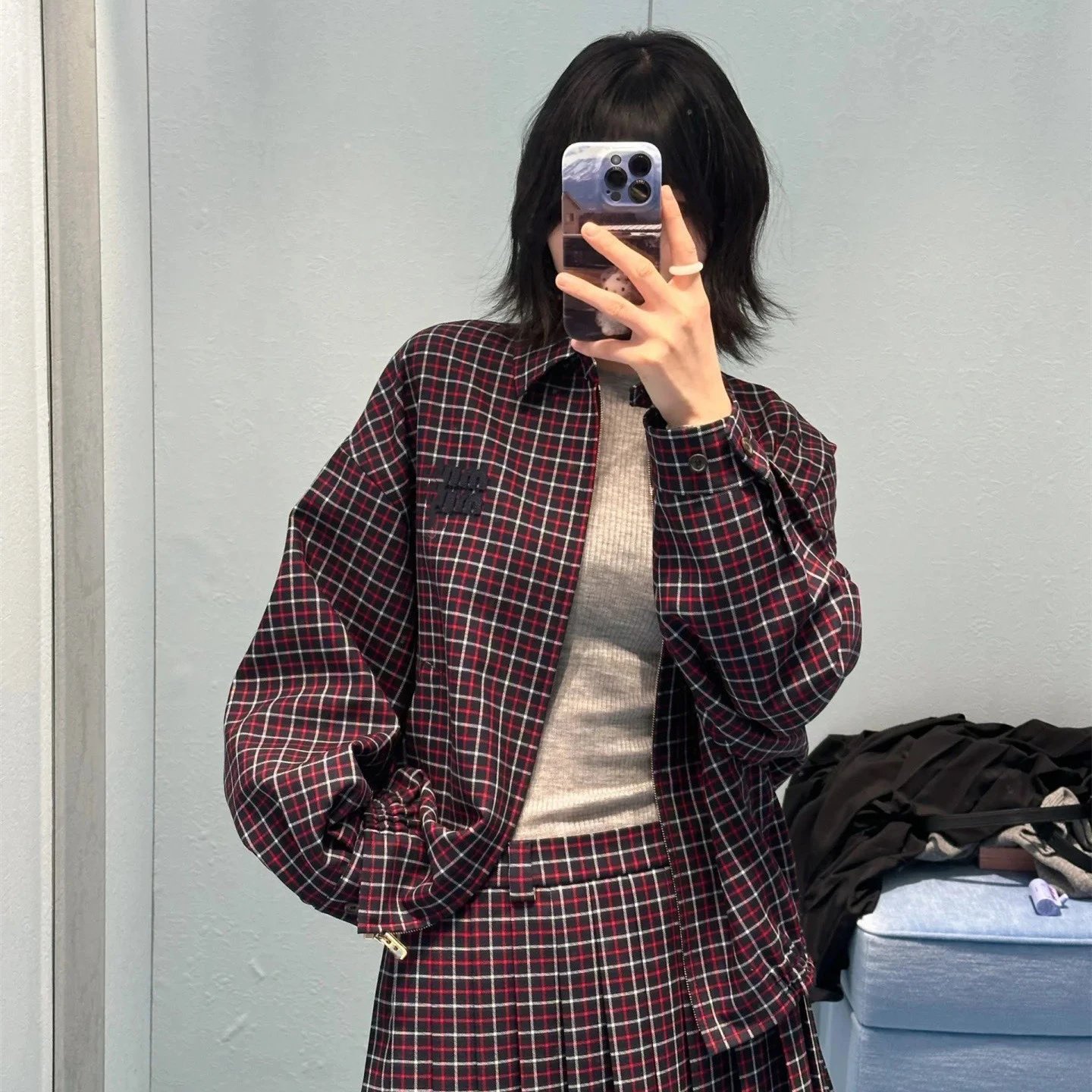 25FW Miu Miu Internet Famous Patch Embroidery Plaid Jacket Cardigan Unisex
