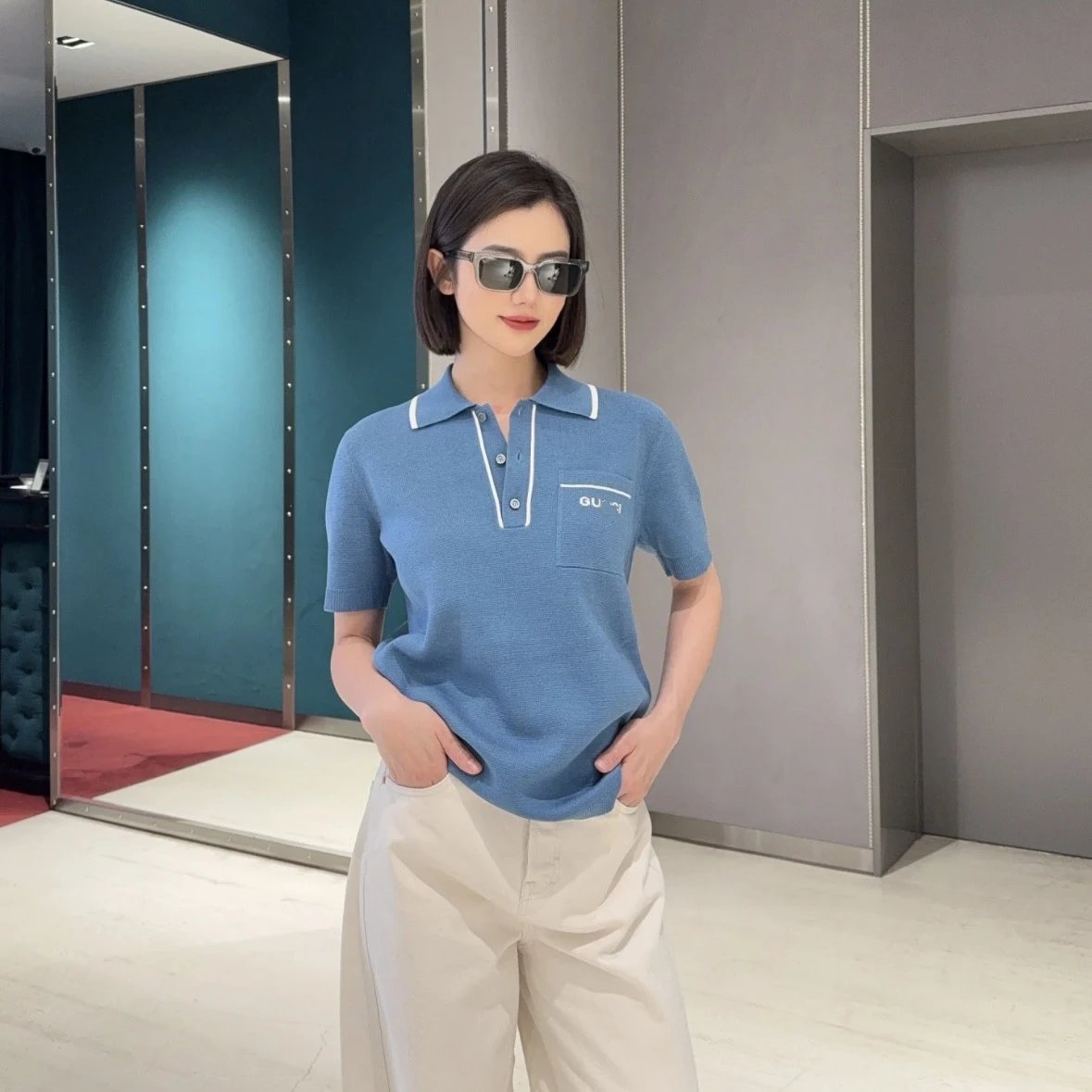Gucci Light Blue Chest Pocket Letter Knit Lapel Polo Short Sleeve T-shirt Unisex