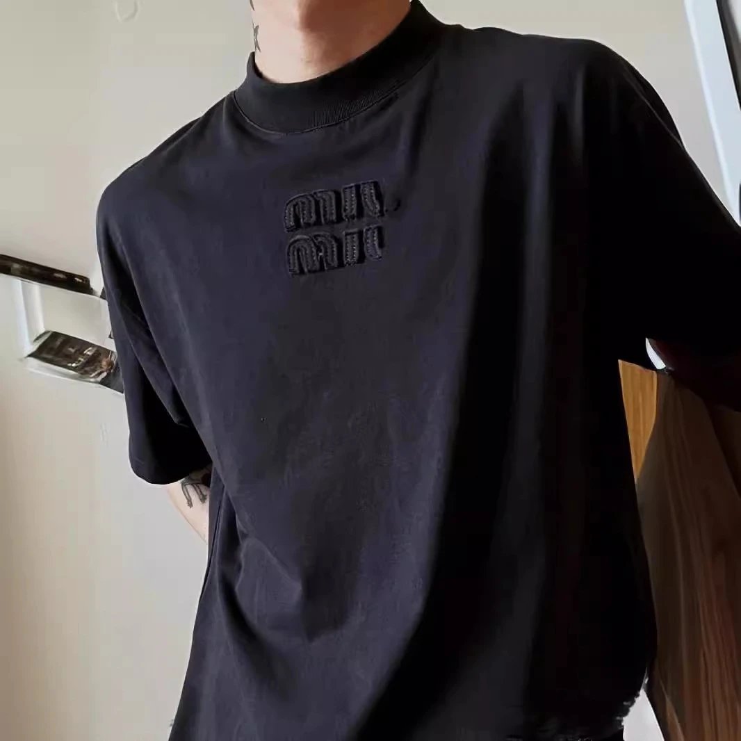 Miu Miu 3D Patch Letter Embroidery Dark Solid Color Unisex Loose Short Sleeve T-shirt