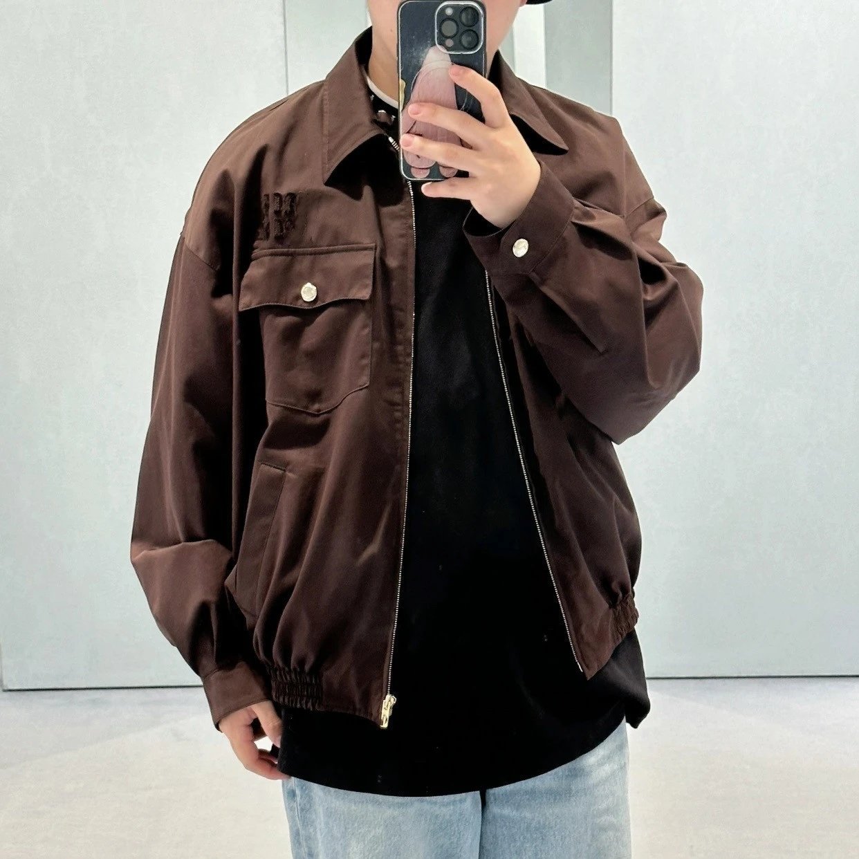 Miu Miu Celebrity Same Patch Letter Lapel Zipper Brown Jacket