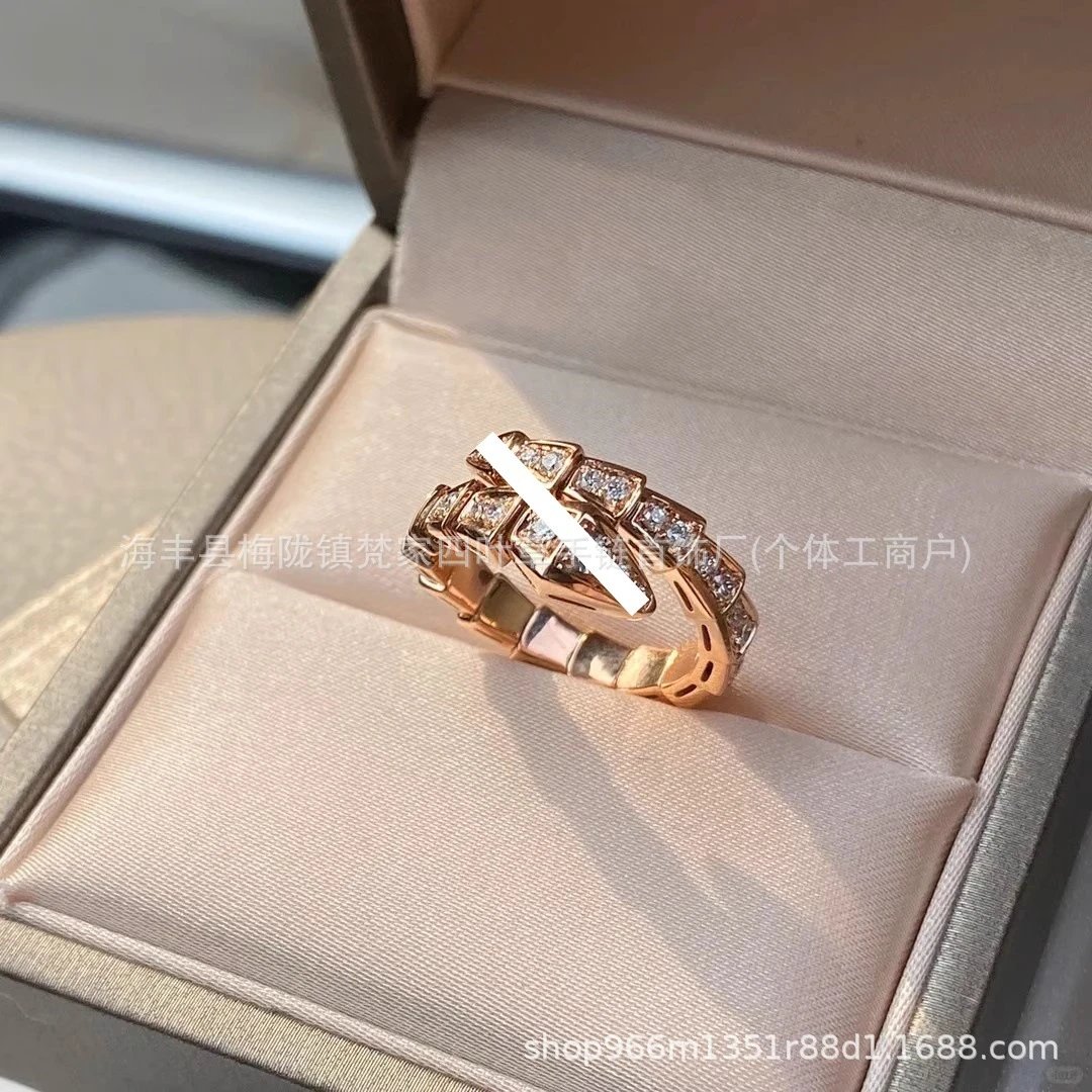 Bulgari Spring Rose Gold Snake-shaped Ring for Women, Snake Bone Three Rows Full Diamond, High-End Alloy Couple Rings