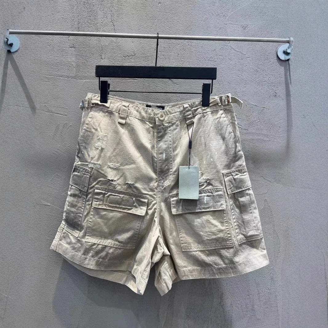 2025 New Balenciaga Heavy Duty Hand-Painted Dirty Plaid Fabric Denim Shorts Unisex