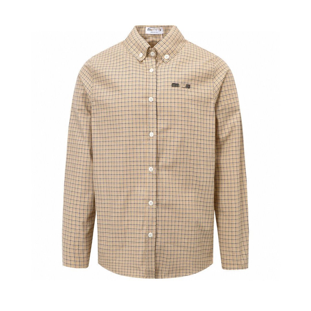 SS25 New Miu Miu Internet Famous Fine Plaid Embroidery Long Sleeve Shirt Unisex Cardigan