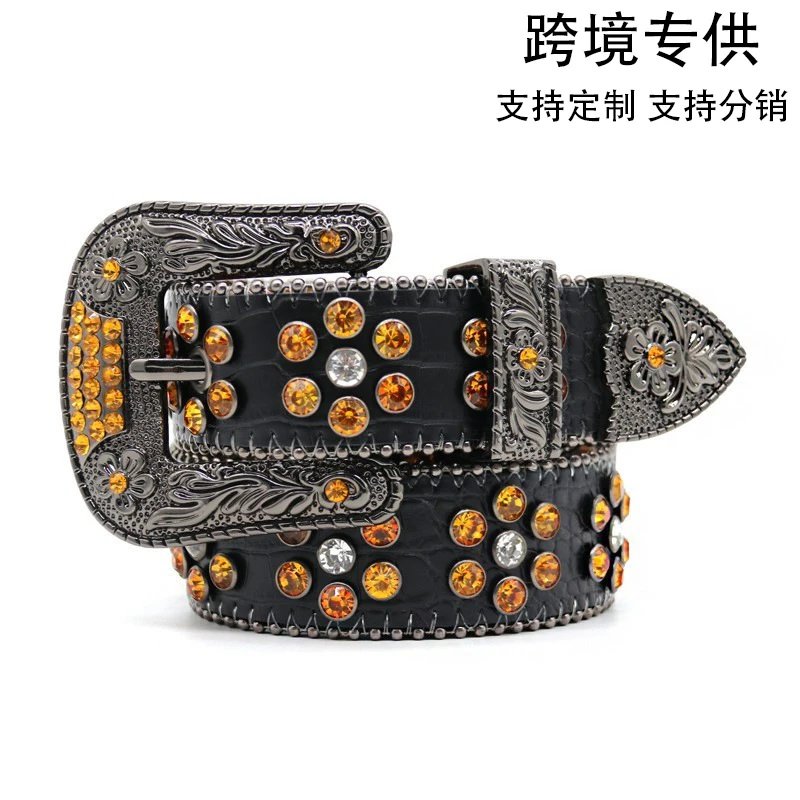 Women Rhinestone Belt, Men Western Cowboy Cowgirl Sequin Diamond Bling Studded Belt Wide Buckle for Jeans Pants