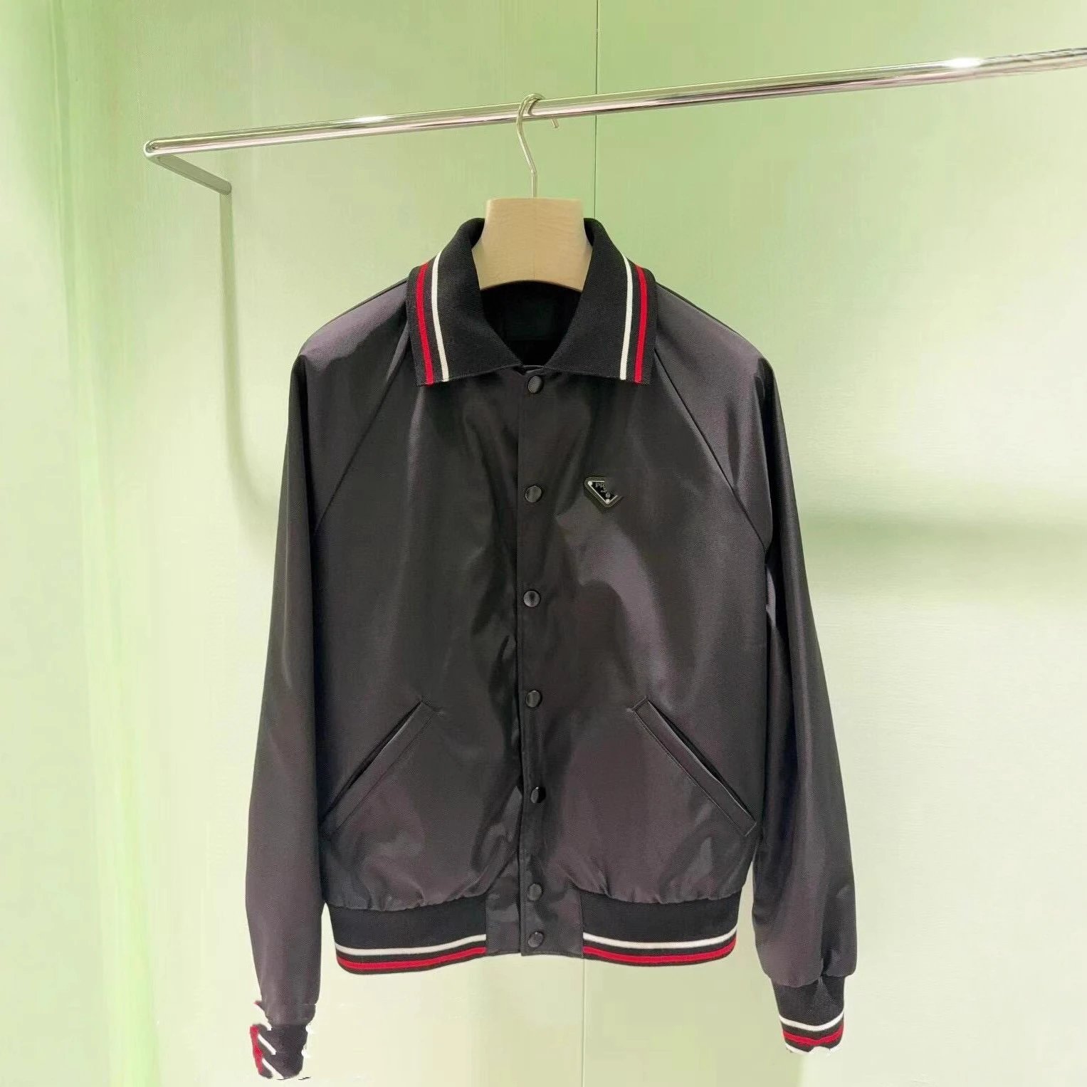 2025 New Prada Logo Color Block Ribbed Small Lapel Baseball Jacket Unisex