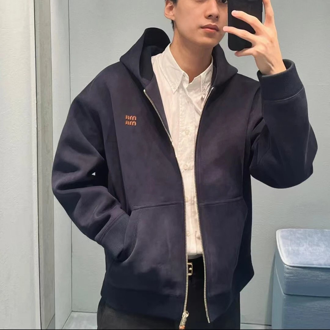 Miu Miu Internet Famous Logo Leather Patch Navy Spacer Fabric Hooded Jacket Unisex