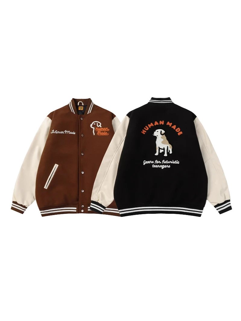 Vintage American HUMAN MADE Patch Leather Sleeve Baseball Jacket Ins Jacket Unisex Couple