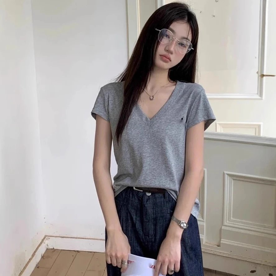 RL Ralph Lauren Pony Embroidery Classic Basic Viral Slim Fit Waist V-neck Short Sleeve T-shirt Women